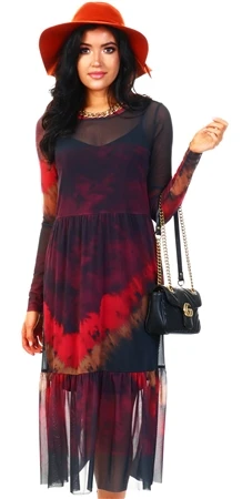 Noisy May Red / Zinfandel Long Tie-Dye Mesh Dress