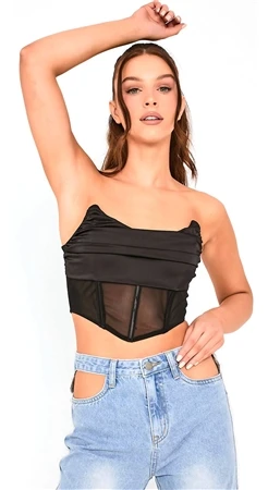 Saint Genies Black Satin Drape Front Mesh Detail Corset Top