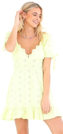 Brave Soul Lime Green Broderie Anglaise V Neck Frilly Mini Dress