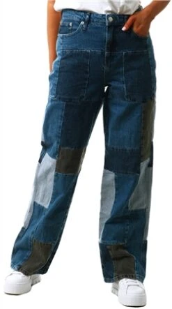 Neon & Nylon Blue / Medium Blue Denim Wide Patchwork Detailed High Waisted Jeans