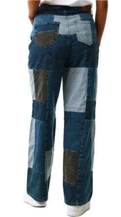 Neon & Nylon Blue / Medium Blue Denim Wide Patchwork Detailed High Waisted Jeans -Style Nest Store 25546 3