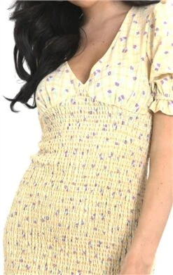 Brave Soul Cream / Purple Floral Peggy Rouched Dress -Style Nest Store 25599 1