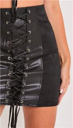 Saint Genies Black Eirian Jacquard & Faux Leather Lace Up Mini Skirt -Style Nest Store 26692 1