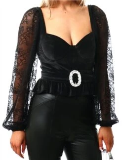 Saint Genies Black Velvet / Lace Long Sleeve Top -Style Nest Store 27043 1
