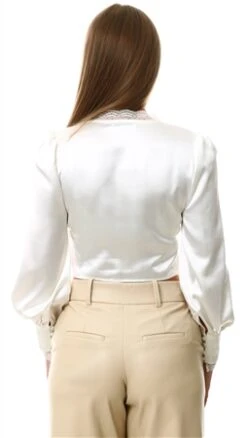 Glamorous White Satin Long Sleeve Lace Trim Top -Style Nest Store 27665 3