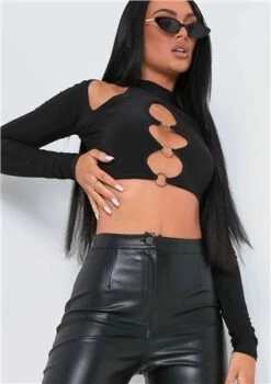 Missy Empire Black Keeley Cut Out Long Sleeve Crop Top -Style Nest Store 27858 2