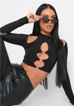 Missy Empire Black Keeley Cut Out Long Sleeve Crop Top