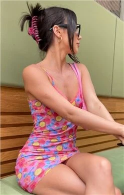 Glamorous Pink Fruit Print Mesh Strappy Short Dress -Style Nest Store 27864 2