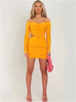 Missy Empire Orange Viola Bardot Wrap Ruched Mini Dress -Style Nest Store 28138 2