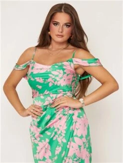 Girl In Mind Pink/Green Camila Floral Wrap Over Midi Dress -Style Nest Store 28172 1