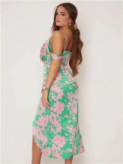 Girl In Mind Pink/Green Camila Floral Wrap Over Midi Dress -Style Nest Store 28172 3