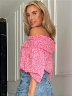 Girl In Mind Pink Candace Shirred Bardot Floral Top -Style Nest Store 28336 3