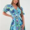 Girl In Mind Blue / Green Elise Puff Sleeves Gold Buckle Skater Dress -Style Nest Store 28338