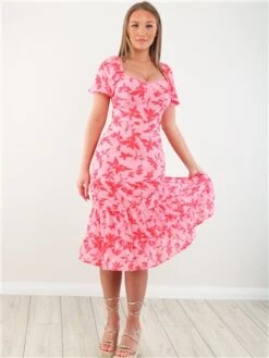 Parisian Pink Puff Sleeve Midi Dress -Style Nest Store 28343 2