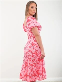 Parisian Pink Puff Sleeve Midi Dress -Style Nest Store 28343 3