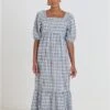 Brave Soul Pale Blue / Black Checked Seersucker Maxi Dress With Tie Detail -Style Nest Store 28361