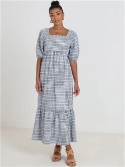 Brave Soul Pale Blue / Black Checked Seersucker Maxi Dress With Tie Detail -Style Nest Store 28361 2