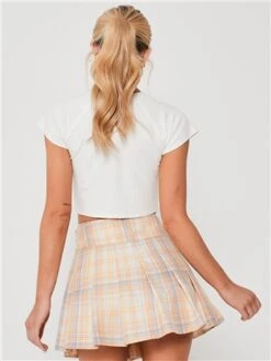 Saint Genies Cream / Yellow Check Pleat Mini Skirt -Style Nest Store 28389 3