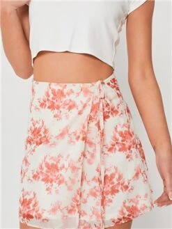 Saint Genies Cream / Orange Floral Wrap Mini Skirt -Style Nest Store 28390 1