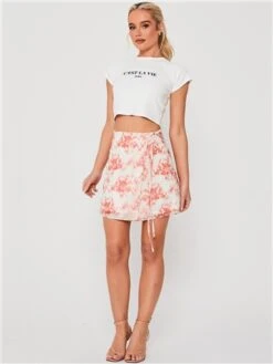 Saint Genies Cream / Orange Floral Wrap Mini Skirt -Style Nest Store 28390 2