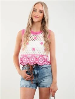 Qed Pink / White Crochet Flower Sleeveless Top