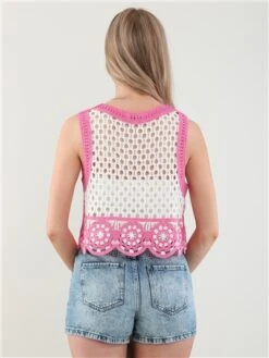 Qed Pink / White Crochet Flower Sleeveless Top -Style Nest Store 28409 3