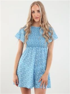 Daisy Street Ditsy Floral Blue Ruched Mini Dress