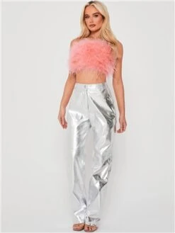 Saint Genies Silver Alix Metallic High Waisted Wide Leg Trousers -Style Nest Store 28502 2