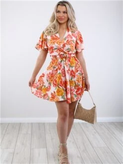 Ax Paris Pink Floral Wrap Top Belted Skater Dress -Style Nest Store 28578 2