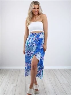 Girl In Mind Blue Emily Patchwork Frill Detail Wrap Skirt -Style Nest Store 28581 2