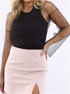 Saint Genies Black Roxy Mesh Diamante Long Sleeve Top -Style Nest Store 28593 1