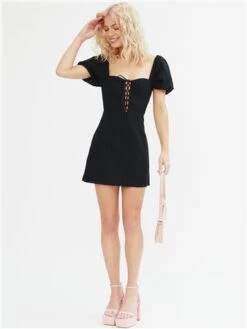 The Frolic Black Crochet Short Puff Sleeve Dress -Style Nest Store 28611 2
