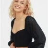 The Frolic Black Long Sleeve Cropped Lace Detail Top -Style Nest Store 28615