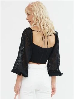 The Frolic Black Long Sleeve Cropped Lace Detail Top -Style Nest Store 28615 3