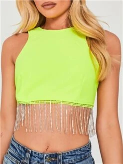 Saint Genies Lime Green Beatrix Diamante Fringe Racer Shape Crop Top -Style Nest Store 28661 1