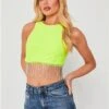 Saint Genies Lime Green Beatrix Diamante Fringe Racer Shape Crop Top -Style Nest Store 28661