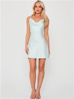 Saint Genies Baby Blue Satin Cowl Neck Mini Dress -Style Nest Store 28668 2