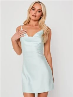 Saint Genies Baby Blue Satin Cowl Neck Mini Dress
