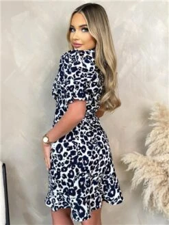 Ax Paris Cream/Navy Animal Print Ruched Dress -Style Nest Store 28714 3