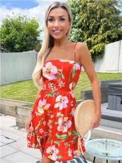 Ax Paris Orange Floral Tiered Mini Dress -Style Nest Store 28716 3