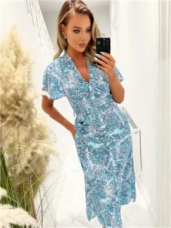 Ax Paris Blue Printed Belted Button Up Shirt Dress -Style Nest Store 28717 2