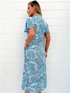 Ax Paris Blue Printed Belted Button Up Shirt Dress -Style Nest Store 28717 3