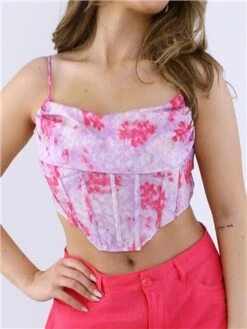Saint Genies Lilac / Pink Floral Satin Drape Front Corset Top -Style Nest Store 28736 1