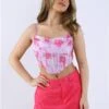 Saint Genies Lilac / Pink Floral Satin Drape Front Corset Top -Style Nest Store 28736