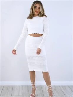 Saint Genies White Crochet Knit Midi Skirt -Style Nest Store 28765 2