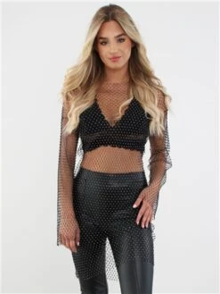 Saint Genies Black Mesh Diamante Dress