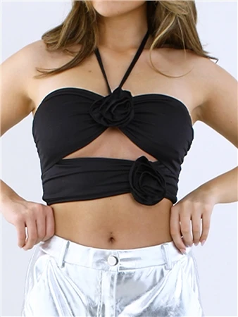 Saint Genies Black Dahlia Floral Applique Cutout Halterneck Top 4 Saint Genies Black Dahlia Floral Applique Cutout Halterneck Top - Image 2