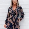Ax Paris Brown And Navy Printed Long Sleeve Wrap Mini Dress -Style Nest Store 28847