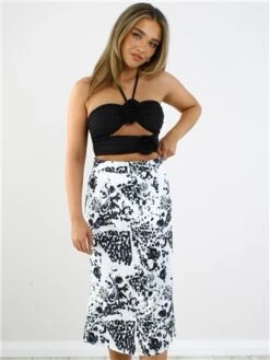 Saint Genies Cream Pattern Satin Midi Skirt