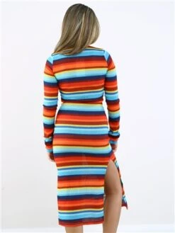 Saint Genies Blue / Red / Yellow Stripe Midi Knit Dress -Style Nest Store 28883 3